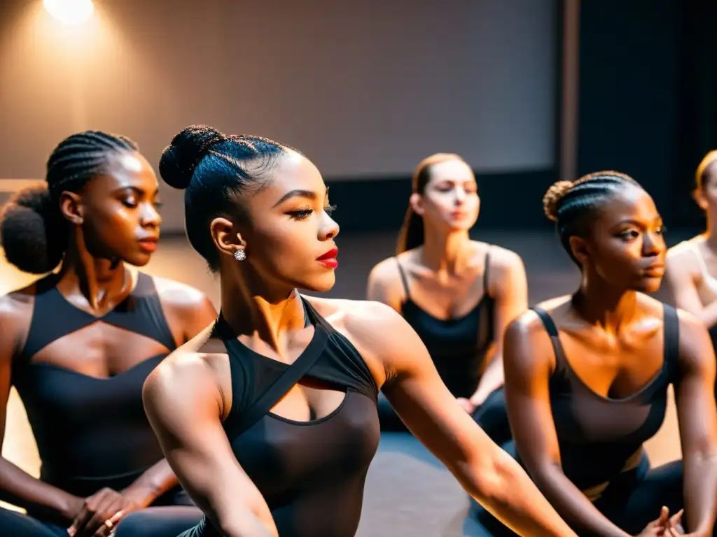 Bailarines profesionales se preparan con estiramientos y calentamiento antes de la actuación