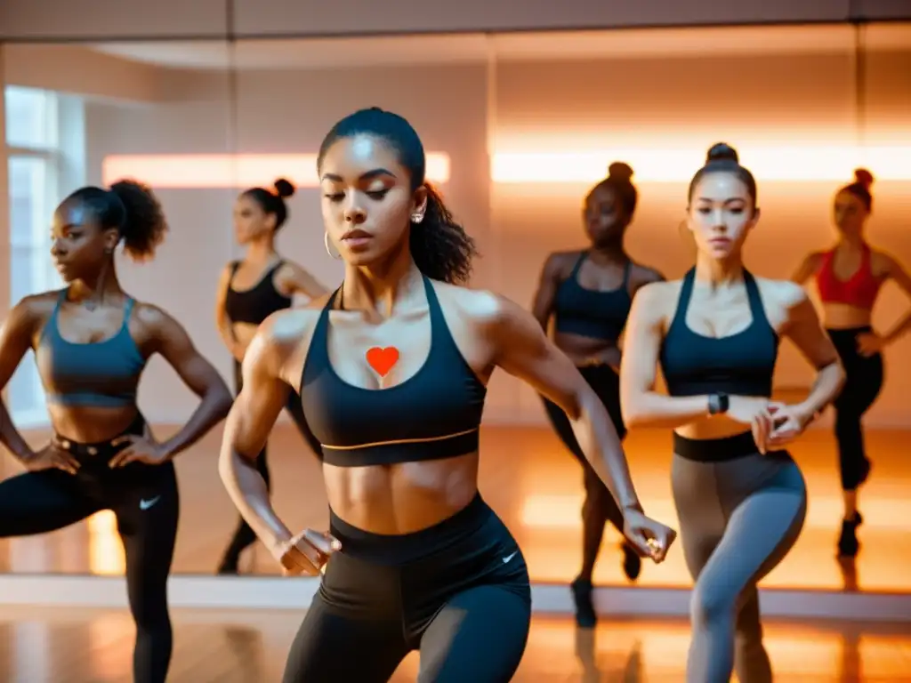 Bailarines profesionales practican con monitores de frecuencia cardíaca en un estudio, reflejando pasión y dedicación en cada movimiento