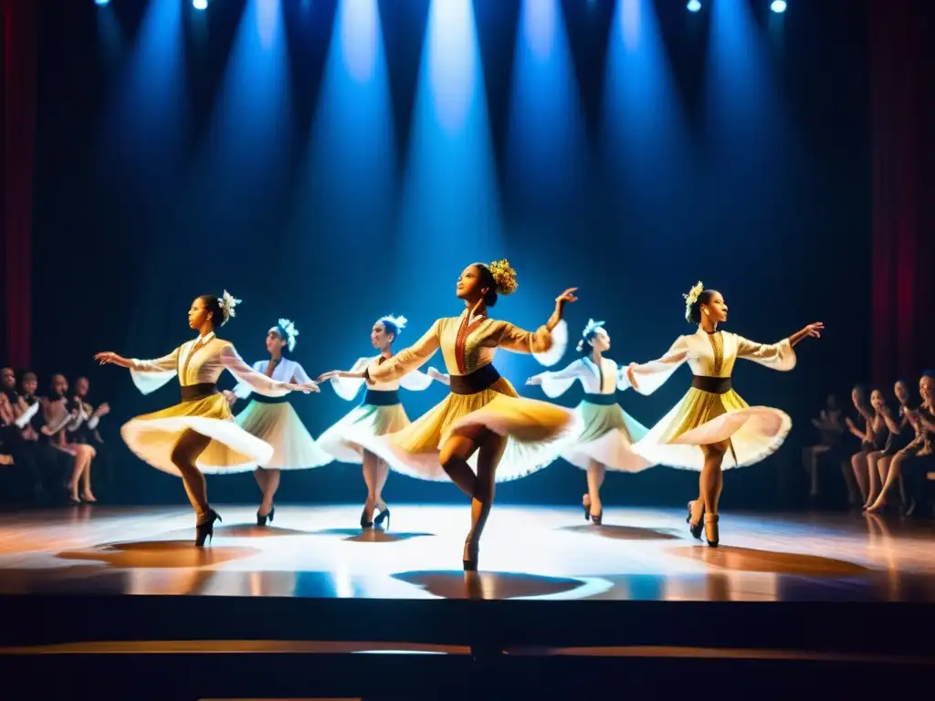 Bailarines profesionales en trajes tradicionales realizan una coreografía en un escenario iluminado, transmitiendo la pasión y destreza de la danza tradicional, resaltando los beneficios de la suscripción premium