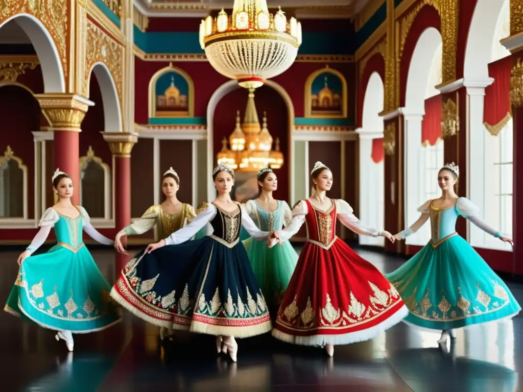 Bailarines rusos con indumentaria tradicional, en pose elegante y colorida, rodeados de atmósfera histórica