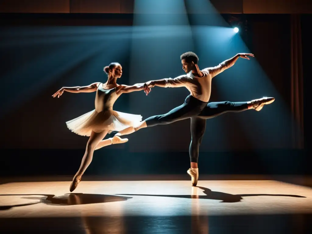 Dos bailarines en un salto dramático, uno en vestimenta de ballet tradicional y otro de danza contemporánea