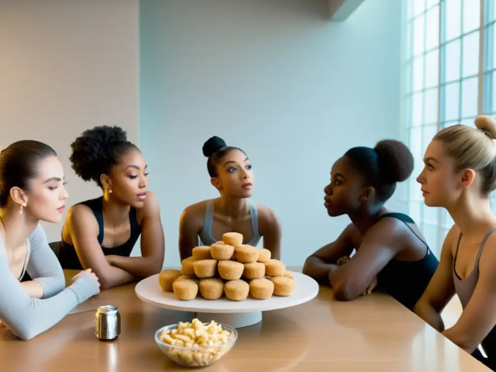 Bailarines escuchan atentamente a nutricionista sobre alimentación saludable para mejorar rendimiento en la danza