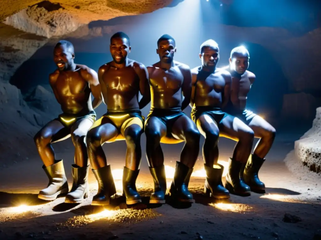 Bailarines sudafricanos realizando el Gumboot Dance en una mina con significado cultural