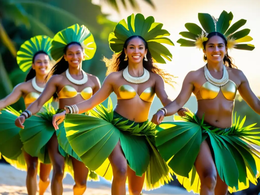 Bailarines tahitianos con trajes vibrantes de hojas y fibras, danzando al ritmo de tambores tradicionales en un entorno tropical