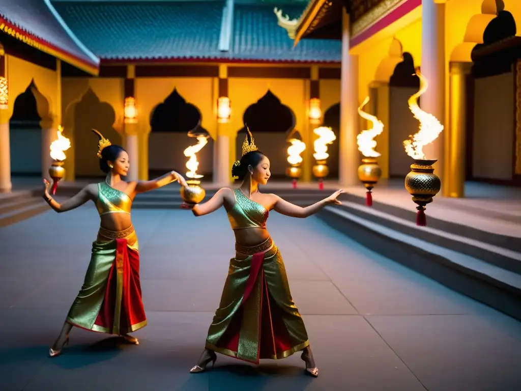 Bailarines tailandeses realizan el tradicional 'baile de la serpiente' en un templo iluminado por antorchas