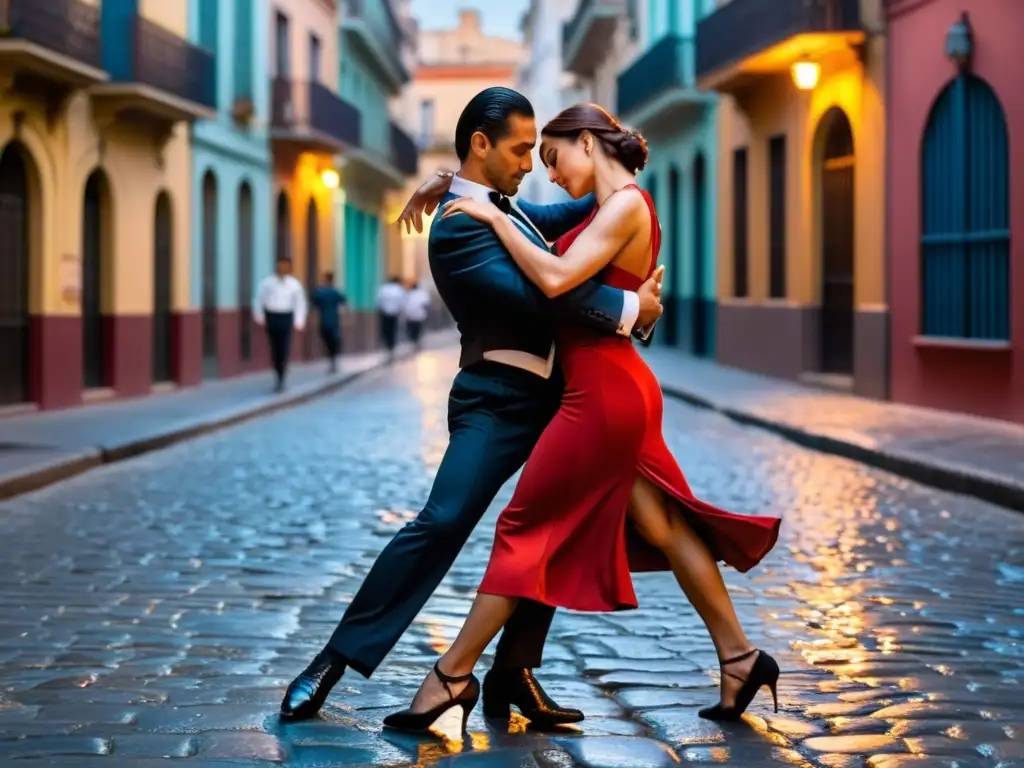 Dos bailarines de tango en abrazo apasionado en las calles de Buenos Aires