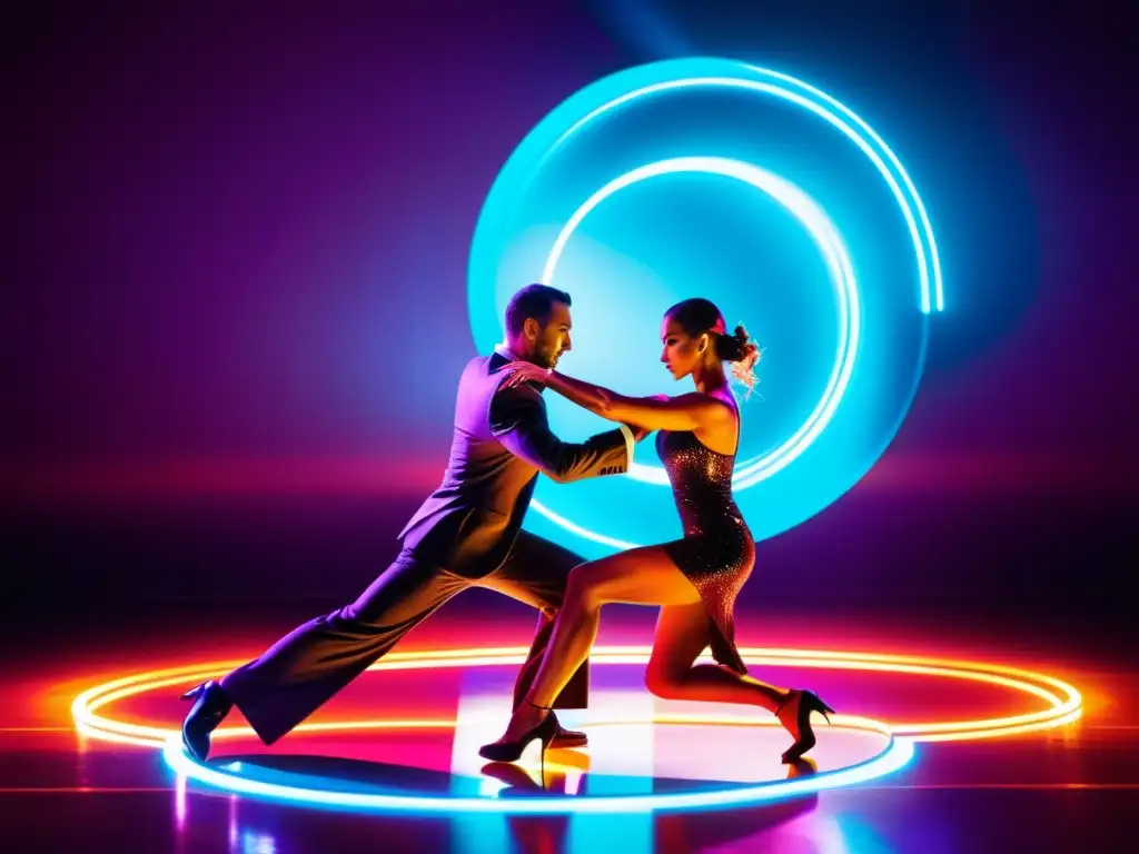 Dos bailarines de tango electrónico, moviéndose con pasión y precisión en una pista de baile futurista y neón