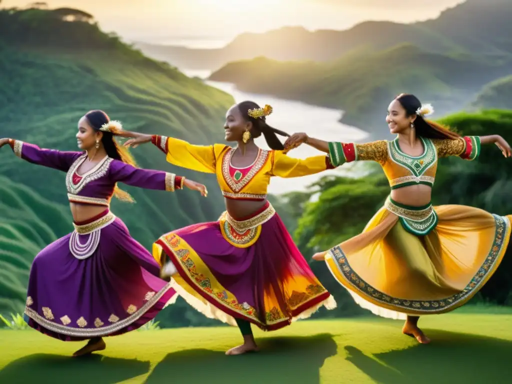 Danzantes tradicionales con trajes vibrantes y detallados Colección de bailarines tradicionales con coloridos trajes y movimientos elegantes en un entorno natural