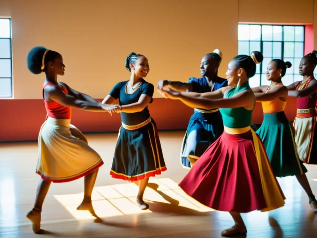 Bailarines tradicionales de diferentes culturas practican sus coreografías en un estudio soleado, con trajes vibrantes y entrenamiento duro