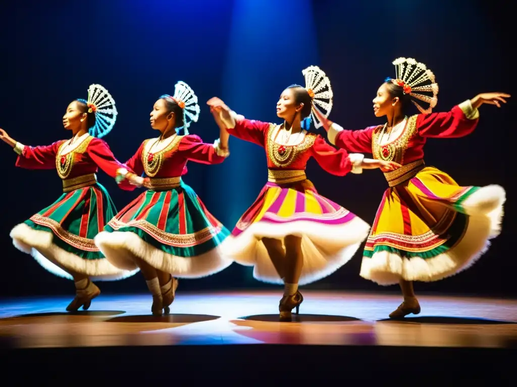 Bailarines tradicionales demostrando su destreza y pasión en un escenario oscuro