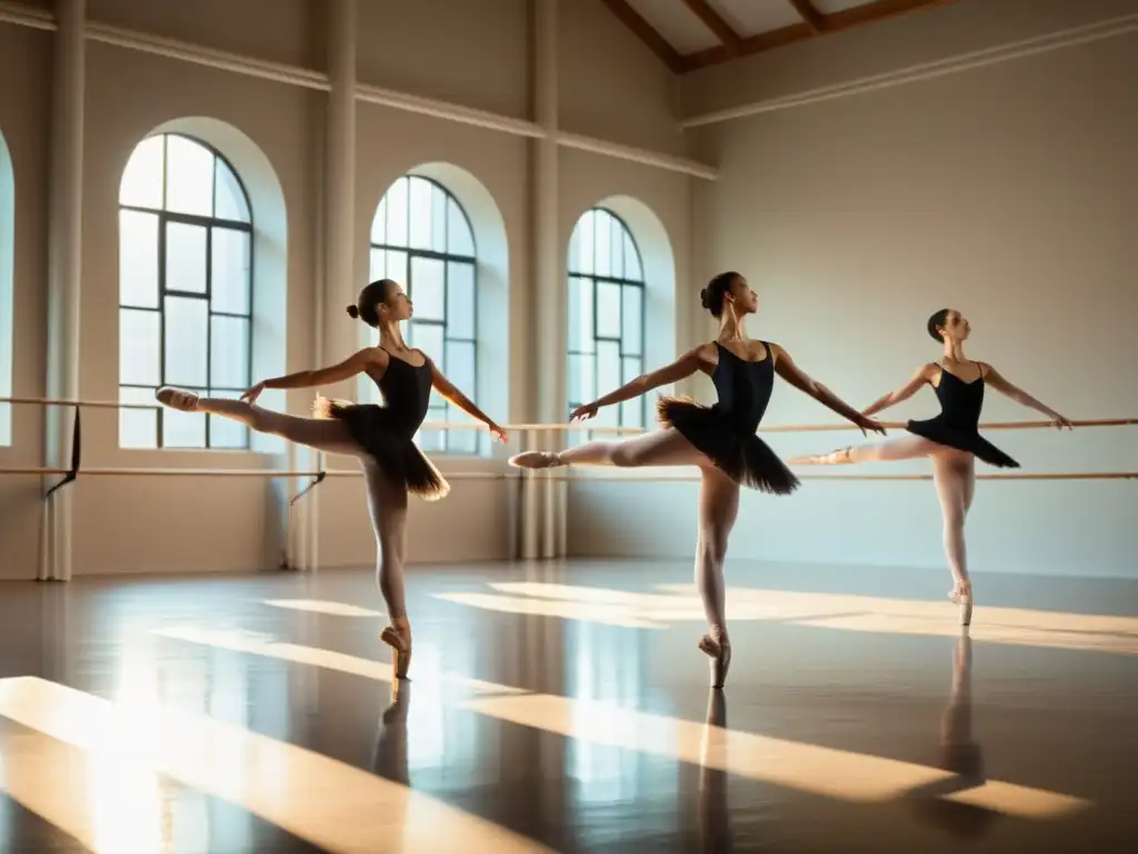 Bailarines tradicionales ejecutan un grand jeté en un estudio soleado, mostrando fuerza y gracia en su entrenamiento duro