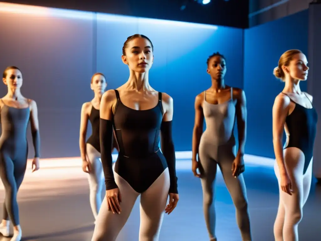 Bailarines con trajes de captura de movimiento en estudio tecnológico