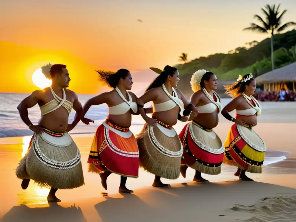 Bailarines Tonga en trajes tradicionales danzan al atardecer en la playa, acompañados por cantos tradicionales danzas Tonga