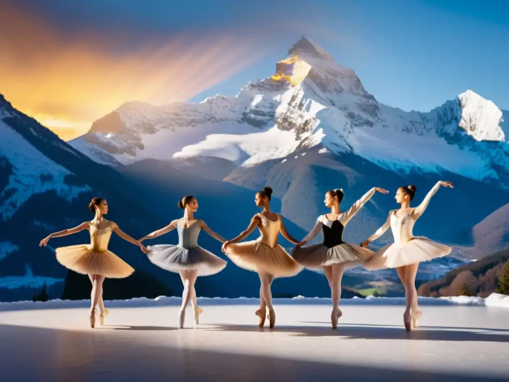 Bailarines en trajes tradicionales realizando movimientos elegantes en escenario montañoso al atardecer