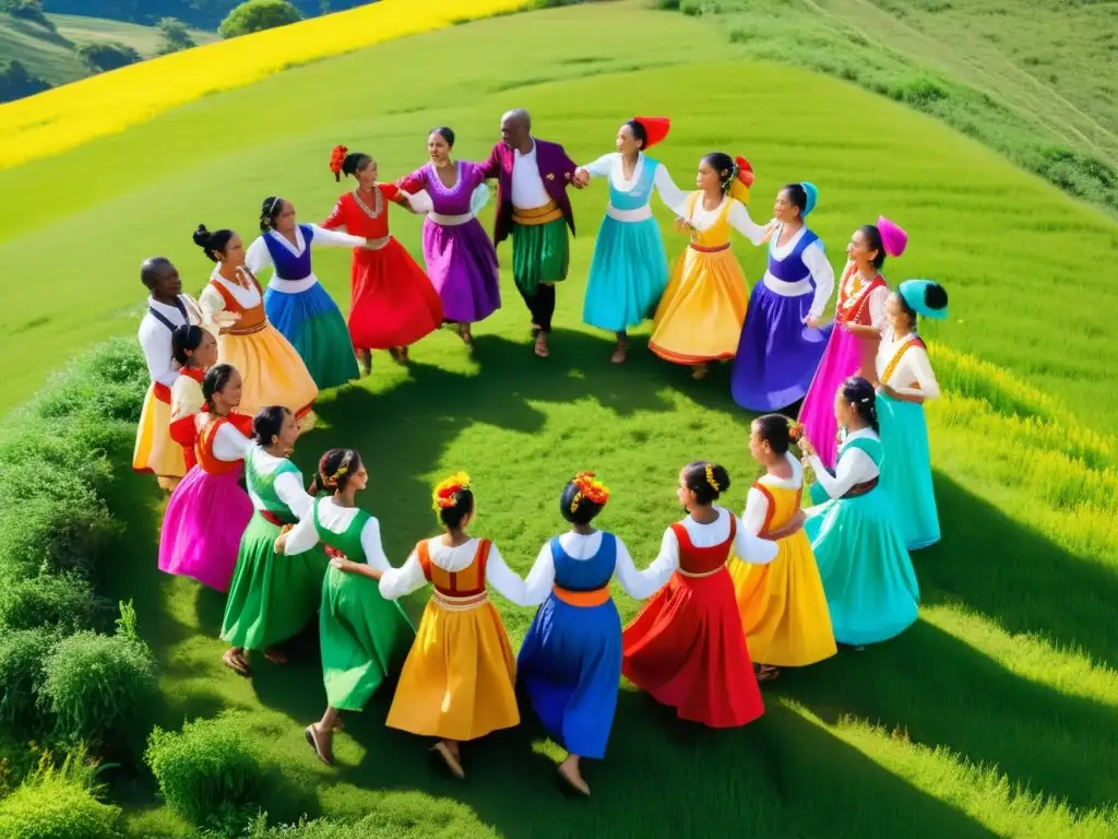 Bailarines en trajes tradicionales danzando bajo el sol en un campo