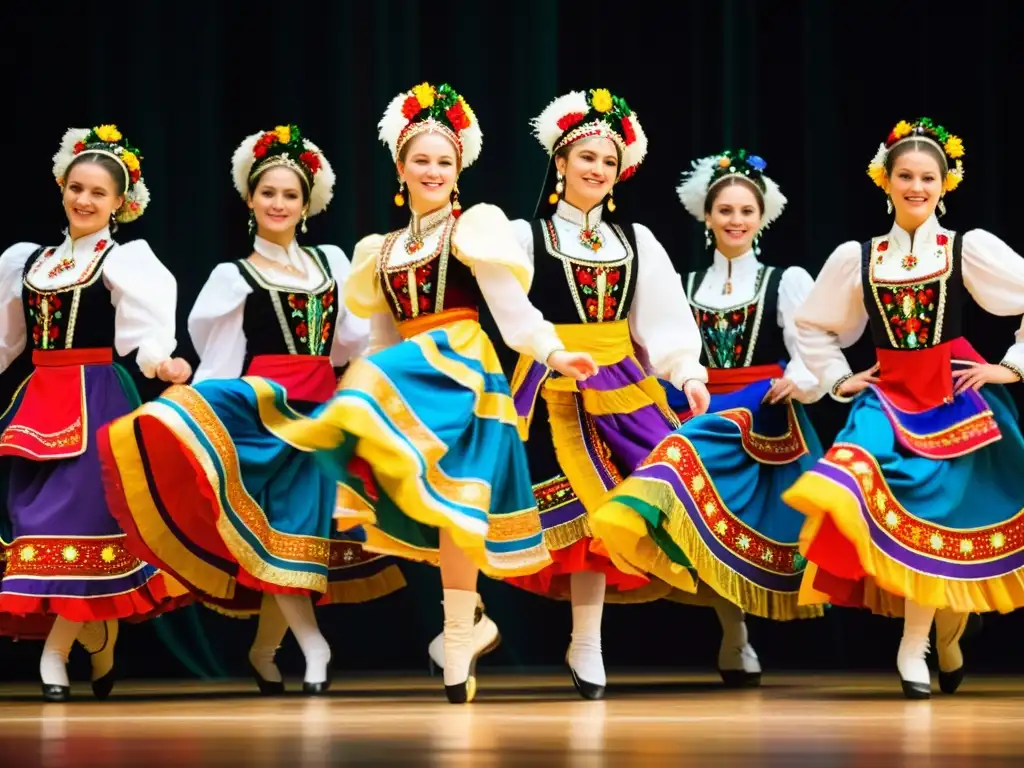 Bailarines con vestuarios de danza tradicional significado, saltando con gracia y poder en trajes coloridos y detallados