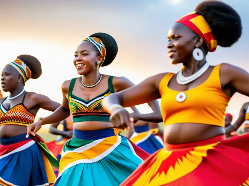 Bailarines vibrantes en trajes sudafricanos realizando el Umteyo en un festival, mostrando el significado cultural del Umteyo en Sudáfrica