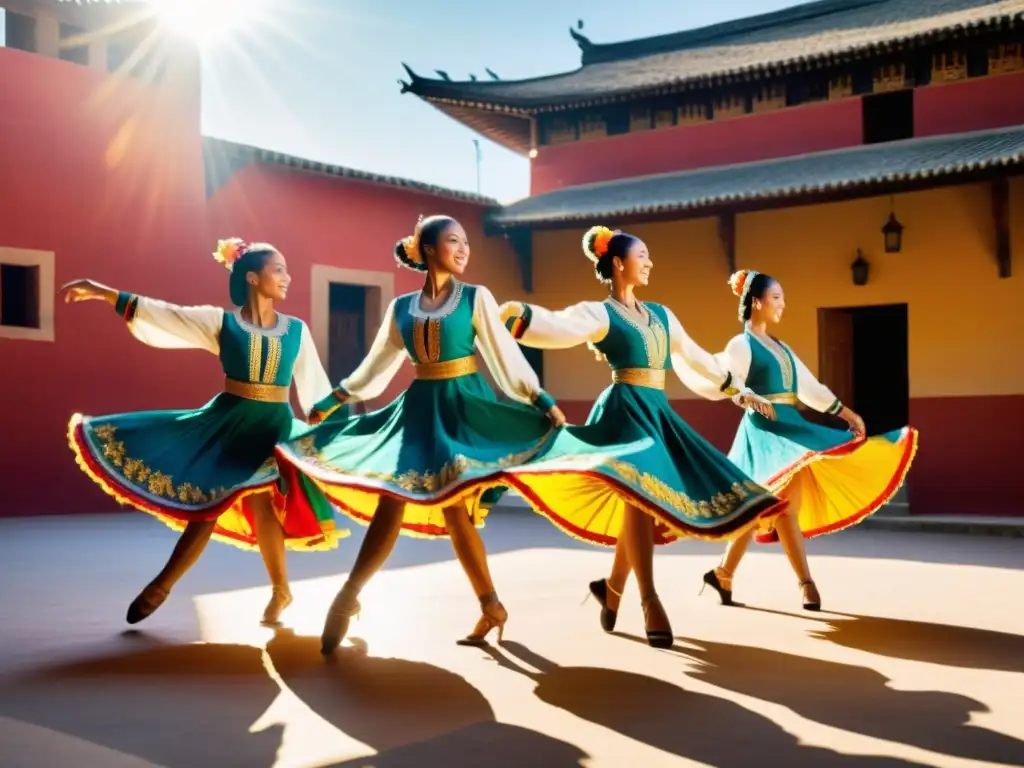 Bailarines en vibrantes trajes tradicionales danzan en un patio soleado, expresando la fusión de tradiciones antiguas y contemporáneas