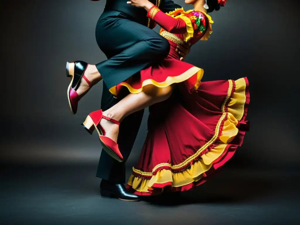 Dos bailarines de zapateado mexicano y flamenco, con expresiones apasionadas, trajes coloridos y movimientos intensos, en un escenario oscuro