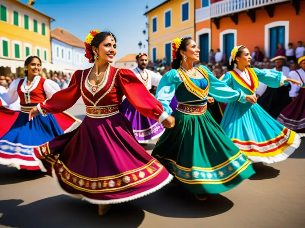 Bailarines zíngaros realizan danza tradicional en un pueblo europeo, con atuendos vibrantes y movimiento dinámico