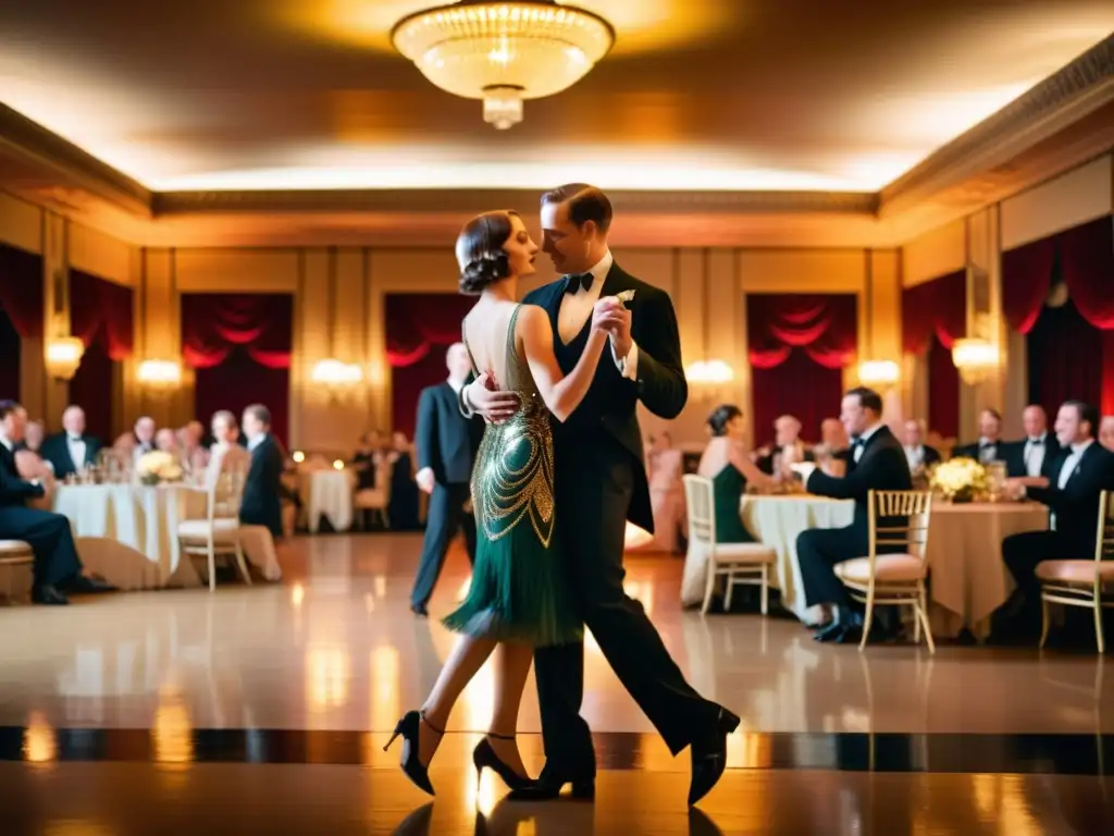 Un baile de Charleston en un animado salón de baile de los años 20 con vestimenta elegante y una banda de jazz en el fondo