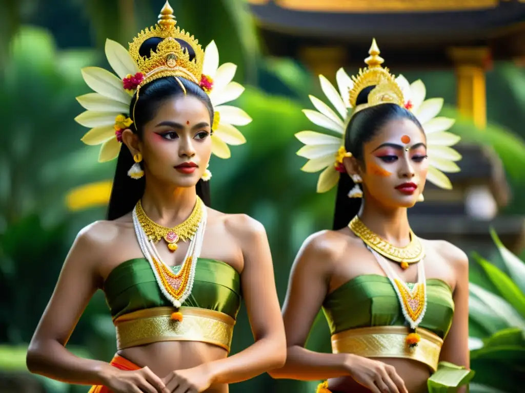 Transmisión del Baile Balinés Legong tradicional en medio de exuberante naturaleza y templos ornamentados al atardecer