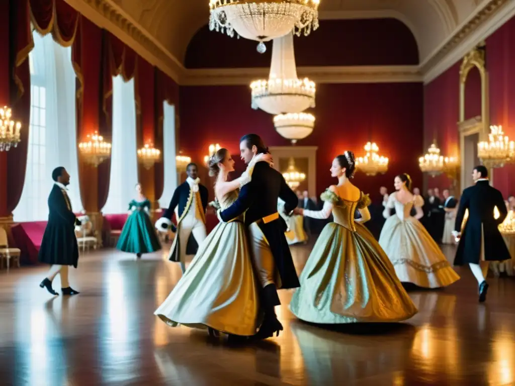 Baile de contradanza en el opulento salón europeo del siglo XVIII