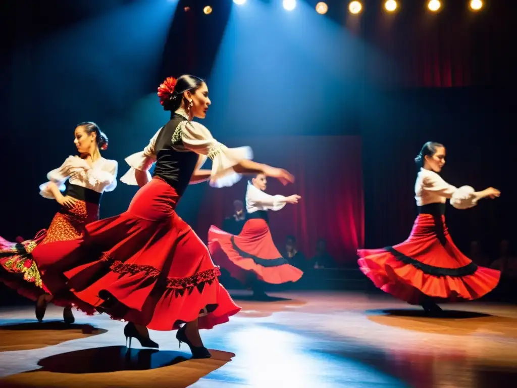 Evolución del baile flamenco mundial: Apasionada actuación de bailarines con trajes vibrantes en un escenario con luces dinámicas