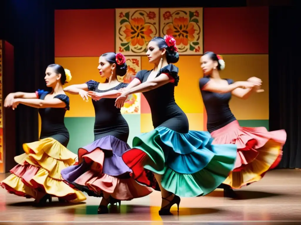 Baile flamenco festival internacional: Grupo de bailarines de flamenco en un escenario con azulejos españoles, mostrando pasión y tradición