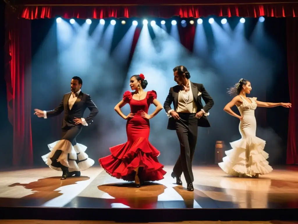 Baile flamenco festival internacional: Apasionada actuación de bailarines en trajes vibrantes y elegantes, con el público emocionado de fondo