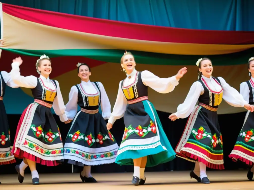 Baile folklórico húngaro en el Festival de Danza de Szeged, con trajes tradicionales y energía vibrante en el escenario