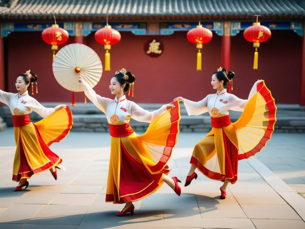 Un baile grácil de danzas chinas tradicionales, en un patio sereno con faroles rojos y dorados, evoca elegancia oriental