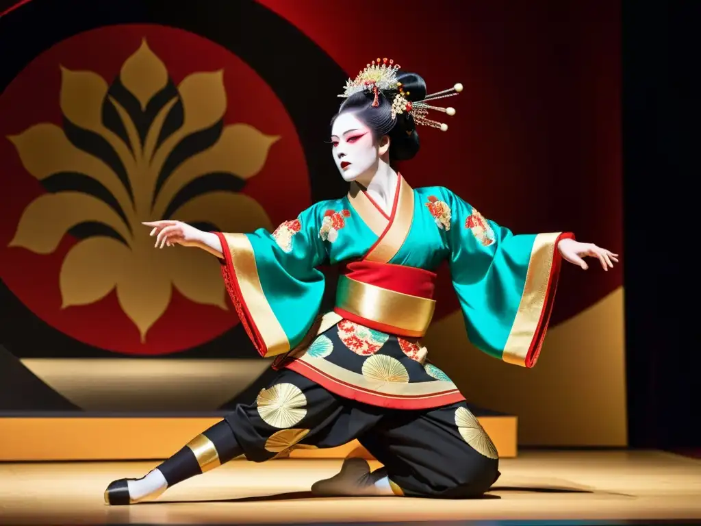 Un baile Kabuki cautivador, con un traje vibrante y escenario lujoso, preserva la danza Kabuki en Japón