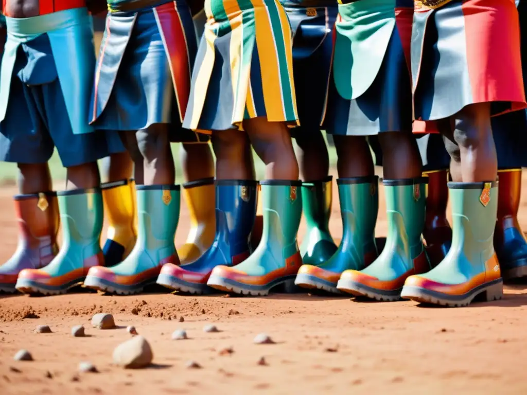 Baile de las minas sudafricanas significado cultural: Mineros sudafricanos bailando con botas de goma coloridas, expresando fuerza y tradición