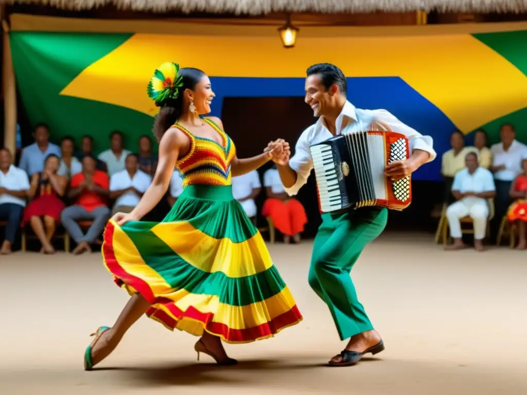 Baile de pareja al compás: Detalle en 8k de una pareja brasileña bailando el xote al ritmo del acordeón, con movimientos vibrantes y trajes coloridos