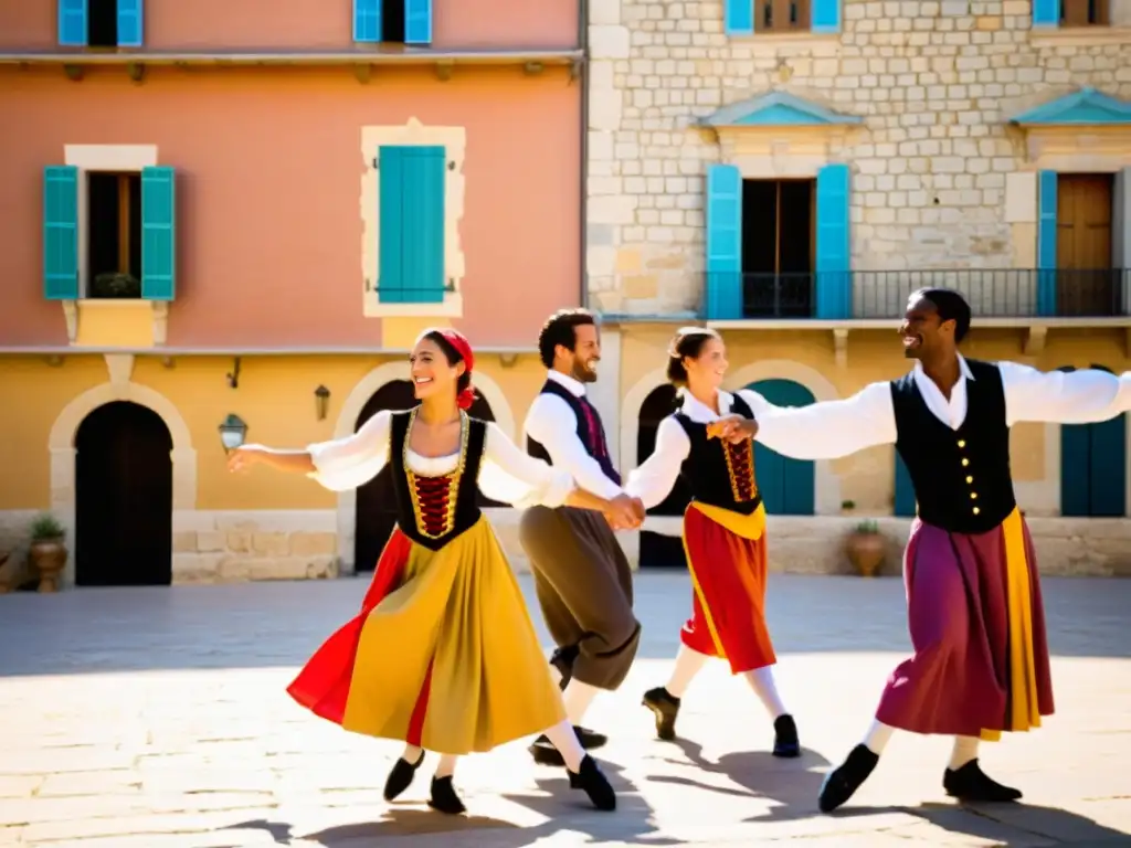 Baile provenzal Rigaudon: danza tradicional en la soleada plaza, con coloridos trajes y elegantes movimientos