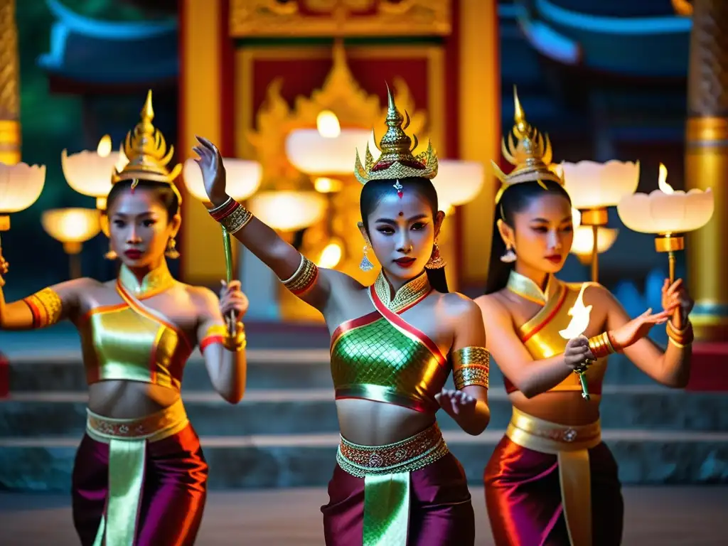 Baile de la Serpiente Tailandia: Escena mística de danza tailandesa en templo decorado, con bailarines elegantemente vestidos y sombras hipnóticas