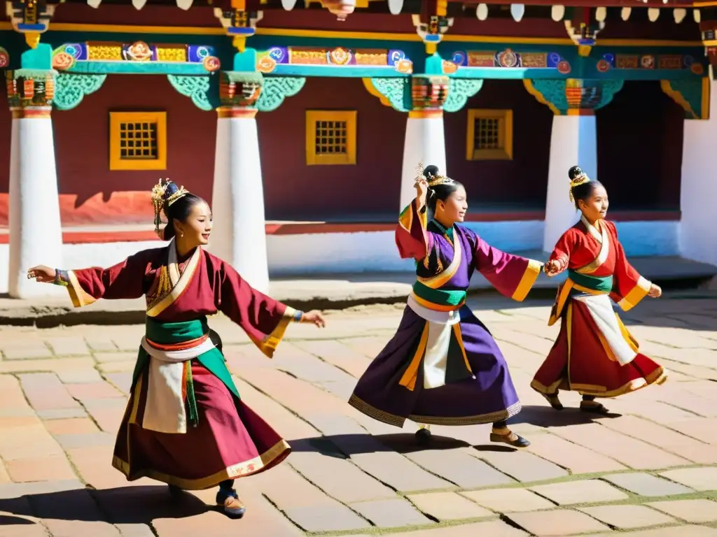 Baile tradicional de Bután significado cultural: Grupo de bailarines Bhutaneses realizando una danza colorida y elaborada en un vibrante patio soleado