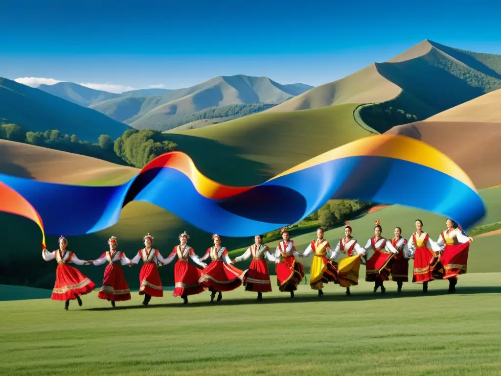 Un baile tradicional con cintas en Europa del Este, capturando la pasión y la belleza de la danza