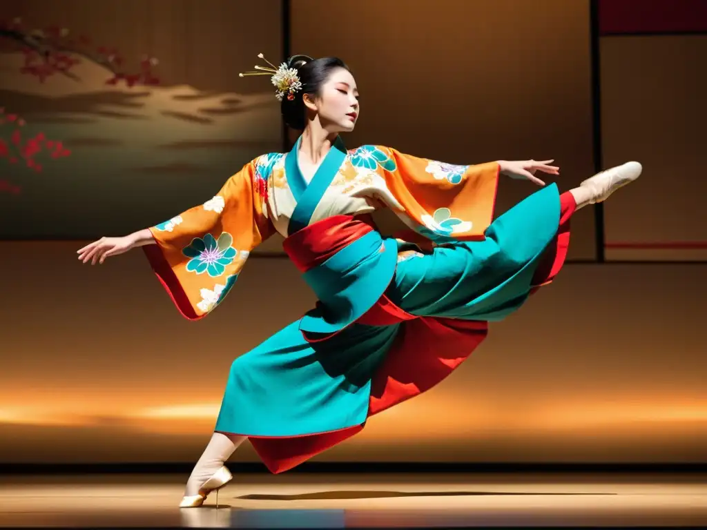 Baile tradicional japonés: Movimientos fluidos y elegancia en el escenario, con kimono vibrante y delicados patrones florales