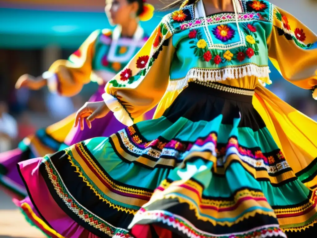 Baile tradicional mexicano con vibrantes trajes bordados y movimiento fluido, destacando la importancia de la vestimenta en la expresión cultural