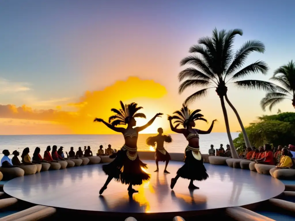 Baile tradicional en Oceanía con técnicas de narración a través del movimiento, atardecer y público cautivado