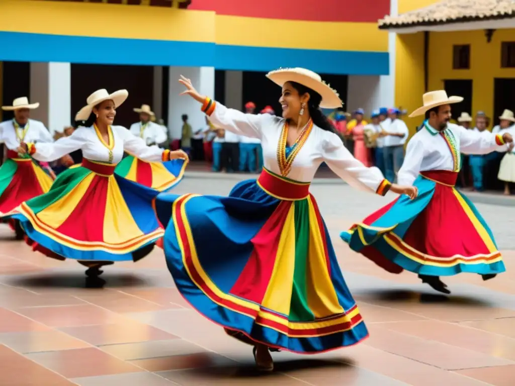 Joropo venezolano: danza vibrante en la plaza Baile tradicional del joropo venezolano en una plaza vibrante, con pasos y trajes coloridos, músicos animados y energía festiva