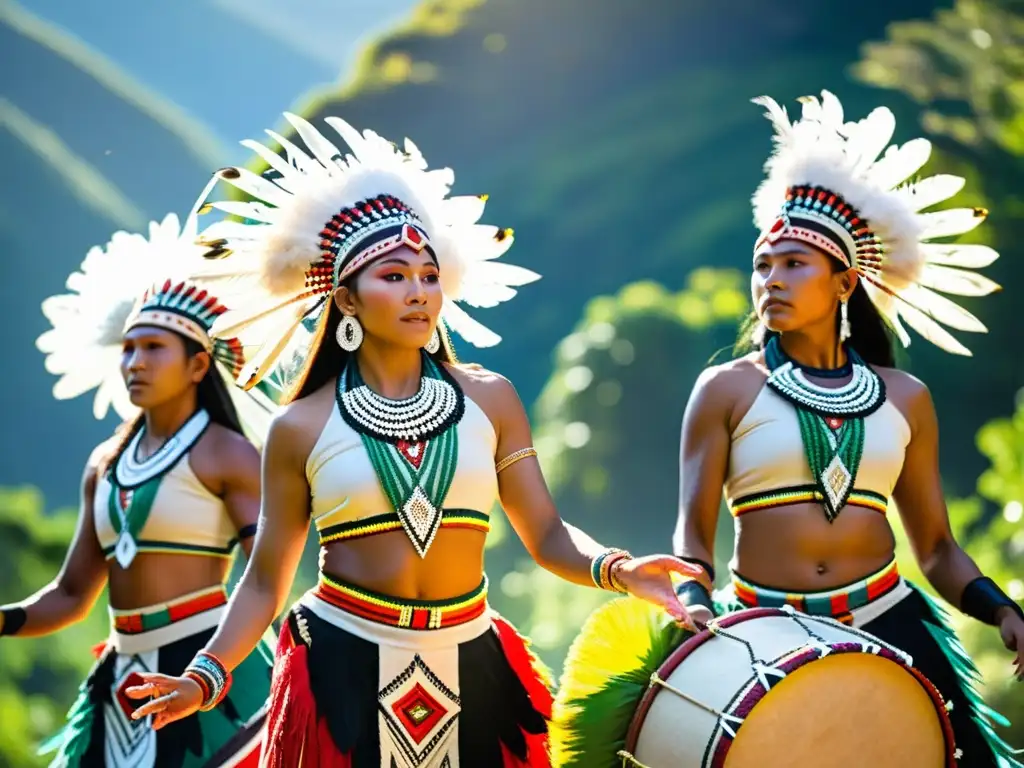 Bailes indígenas en peligro: Grupo de bailarines en atuendos tradicionales danzando en la naturaleza, demostrando su belleza y resiliencia cultural