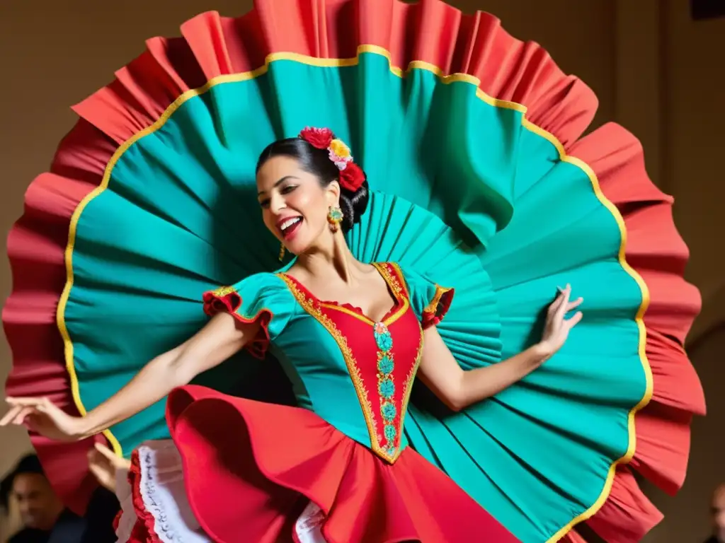 Bailes tradicionales de la zarzuela: Colorido abanico español muestra vibrante escena de flamenco con bailarinas, músicos y público animado