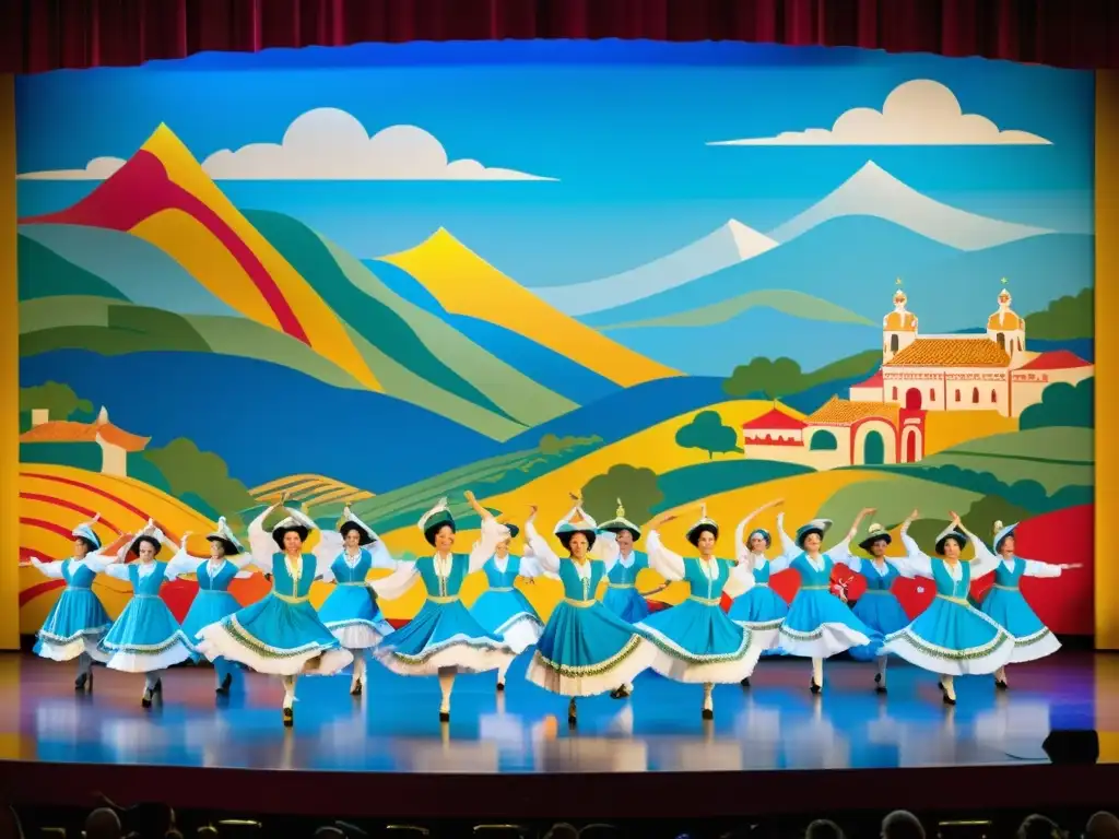 Bailes tradicionales de la zarzuela: Escenario vibrante con trajes elegantes y una representación impresionante del campo español