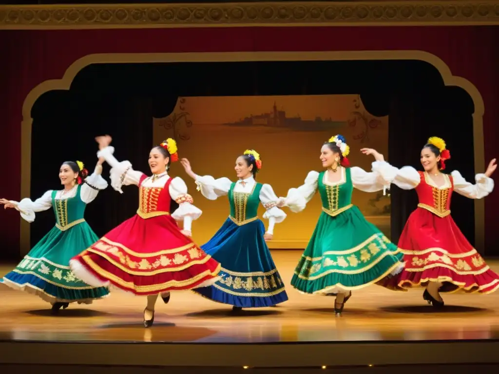 Bailes tradicionales de la zarzuela: Grupo de bailarines españoles en trajes vibrantes realizando una danza en un escenario histórico