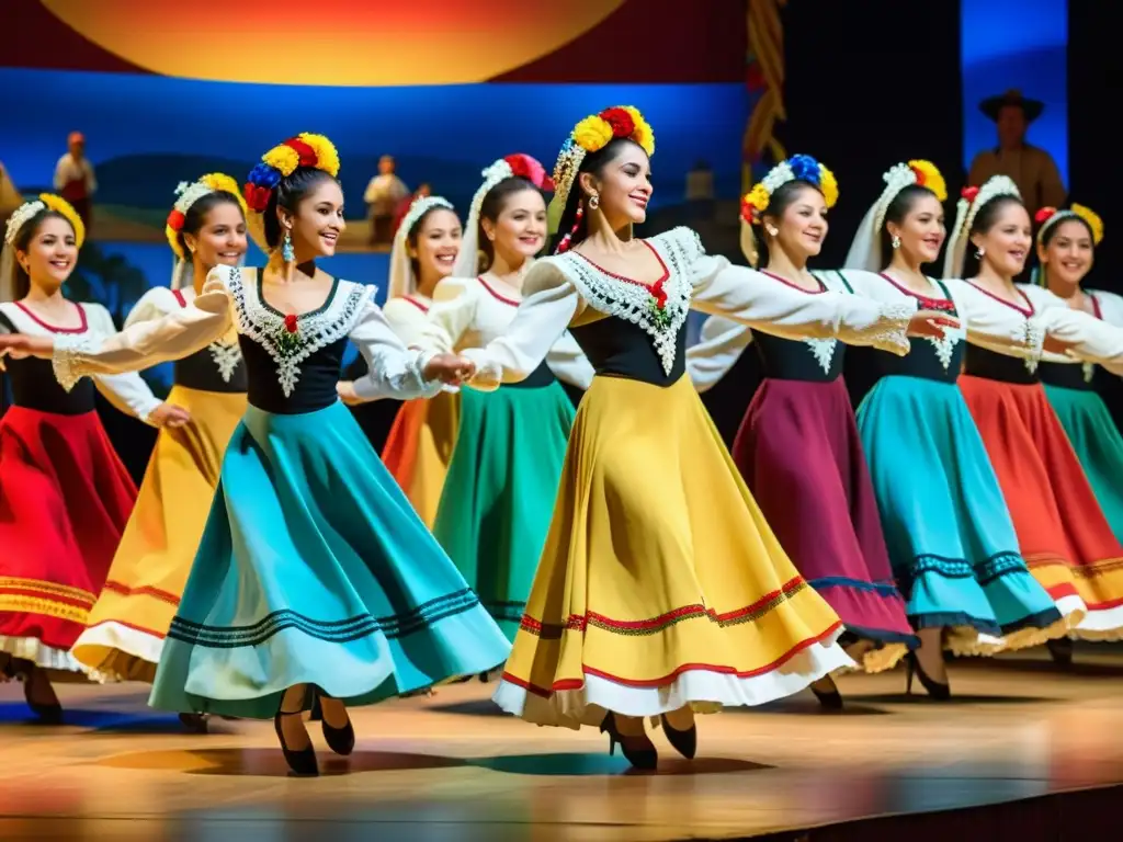 Bailes tradicionales de la zarzuela: Vibrante actuación con trajes coloridos, escenografía detallada y expresiones apasionadas de los bailarines