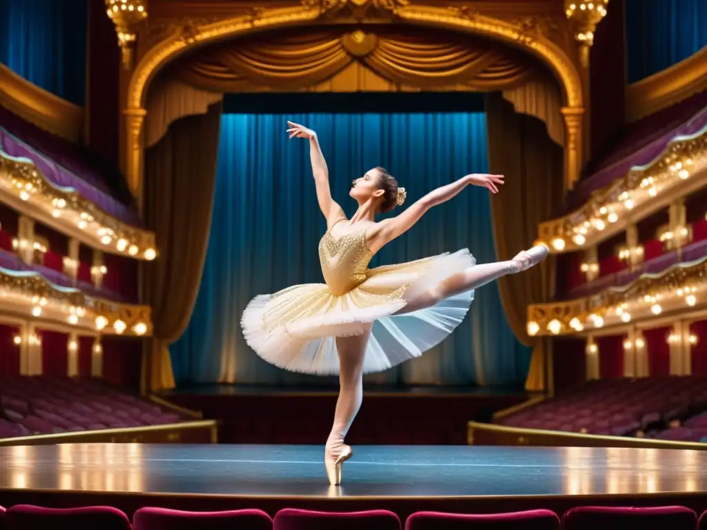 Una ballerina en el aire con un tutú fluyente, en un majestuoso escenario de ópera