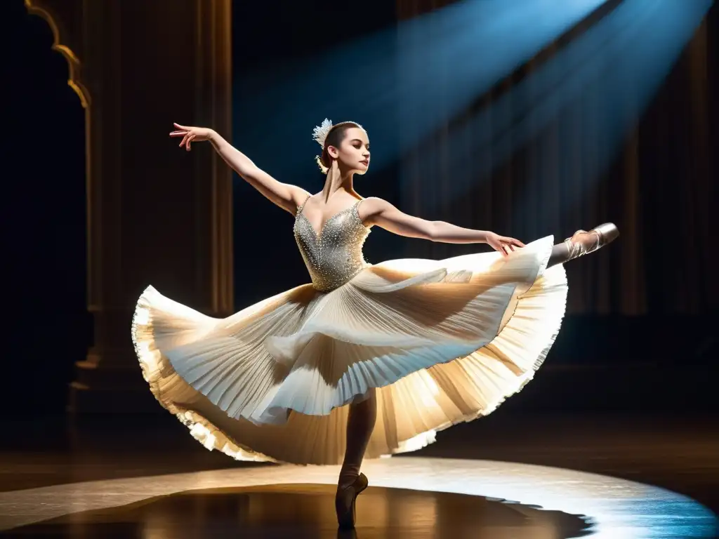 Una ballerina elegante en un vestido de alta costura en un escenario tenue